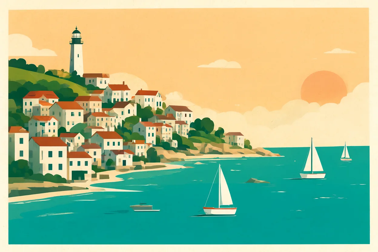 Flat vector travel poster of a seaside town with a lighthouse, generated with Qwen-Image 2.1