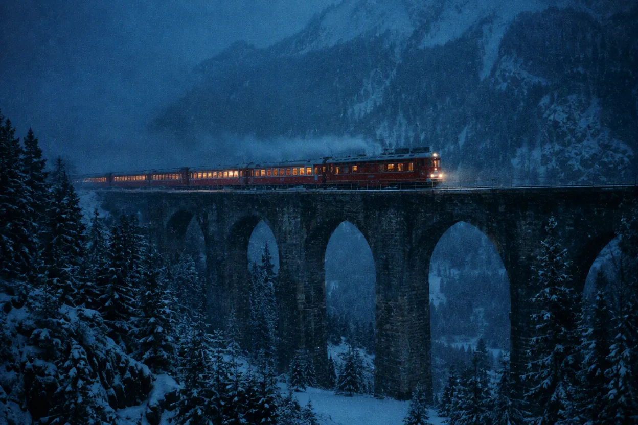 Red passenger train crossing a stone viaduct over a snowy valley at blue hour