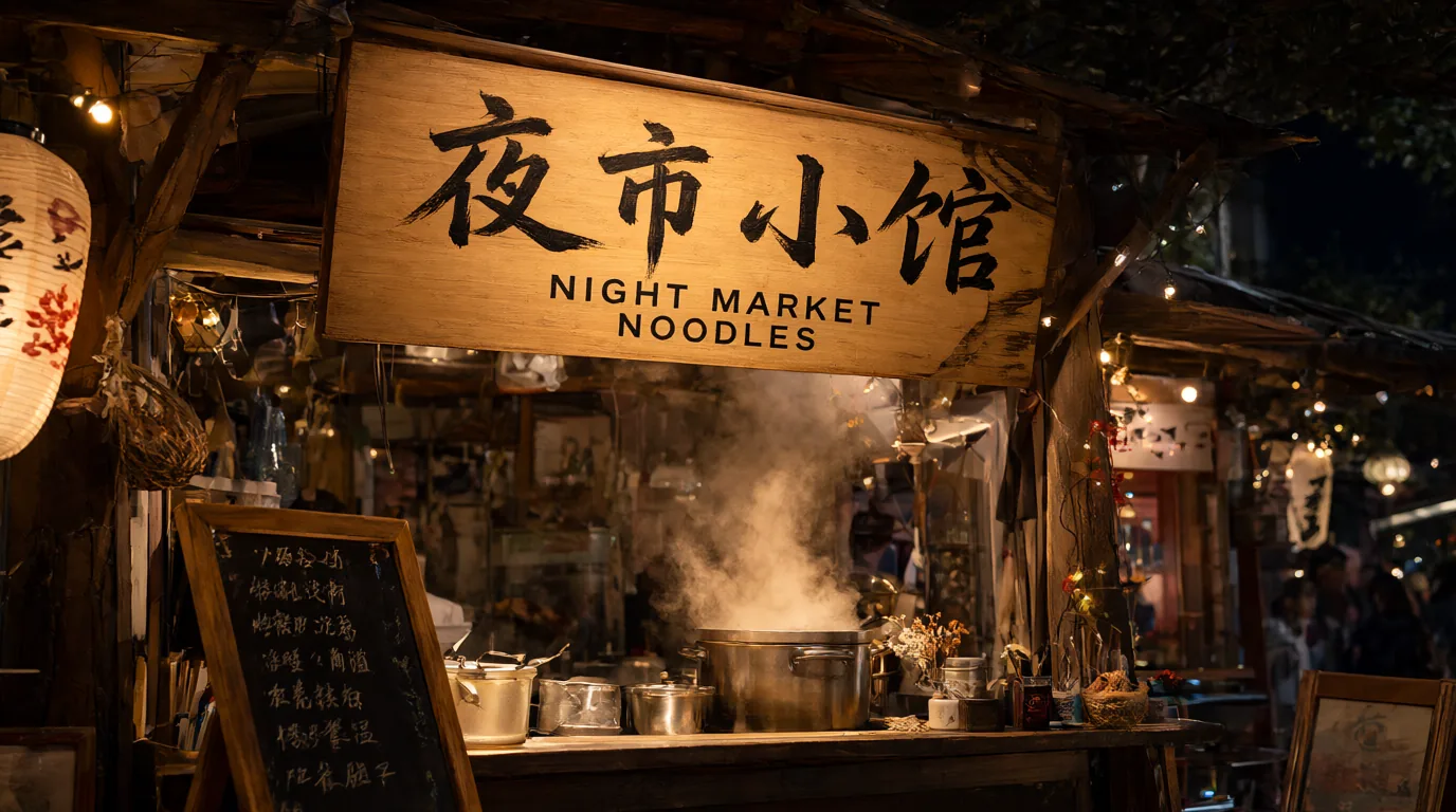 Night market noodle stall with a bilingual signboard, generated with Qwen-Image 2.1