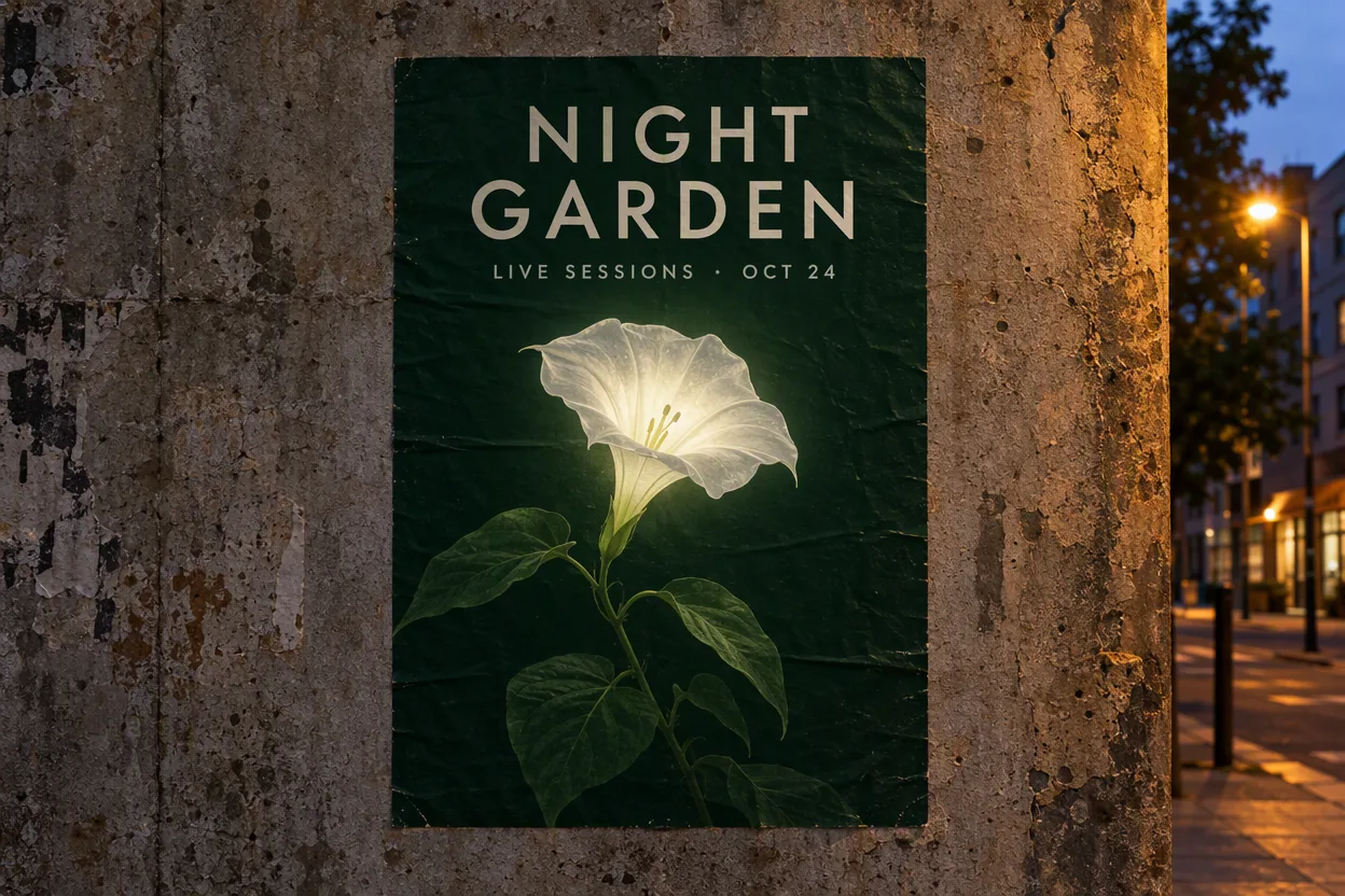 Concert poster reading NIGHT GARDEN on a concrete wall, generated with GPT Image 2.5