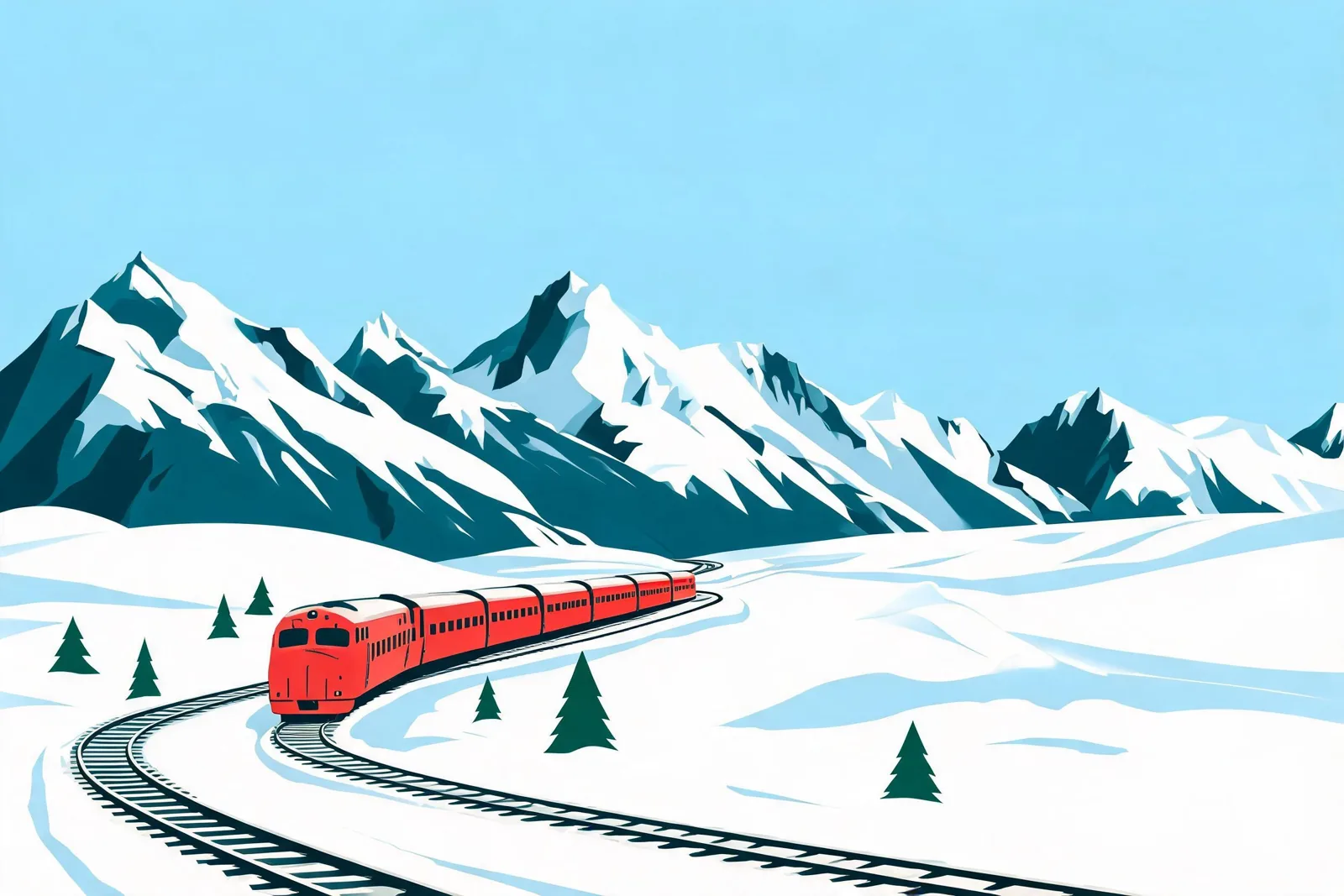 Retro poster illustration of a red train on a snowy mountain railway, generated with Seedream 5.0 Lite