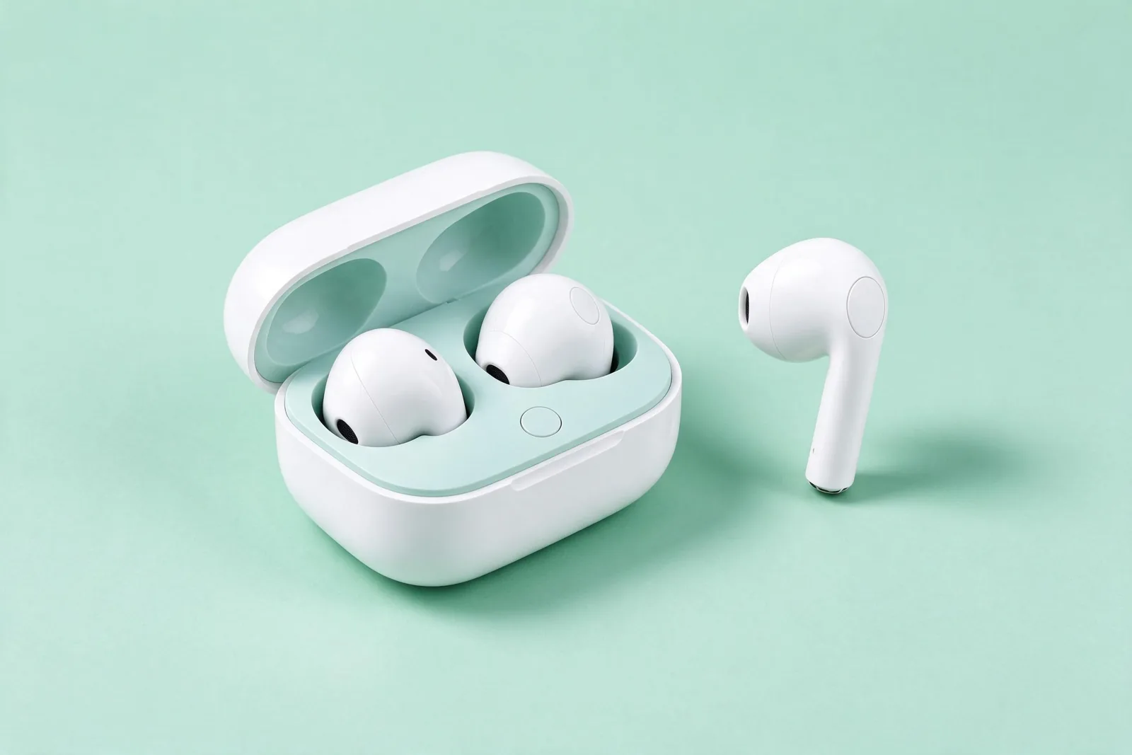 White wireless earbuds and charging case on a mint background, generated with Seedream 5.0 Flash