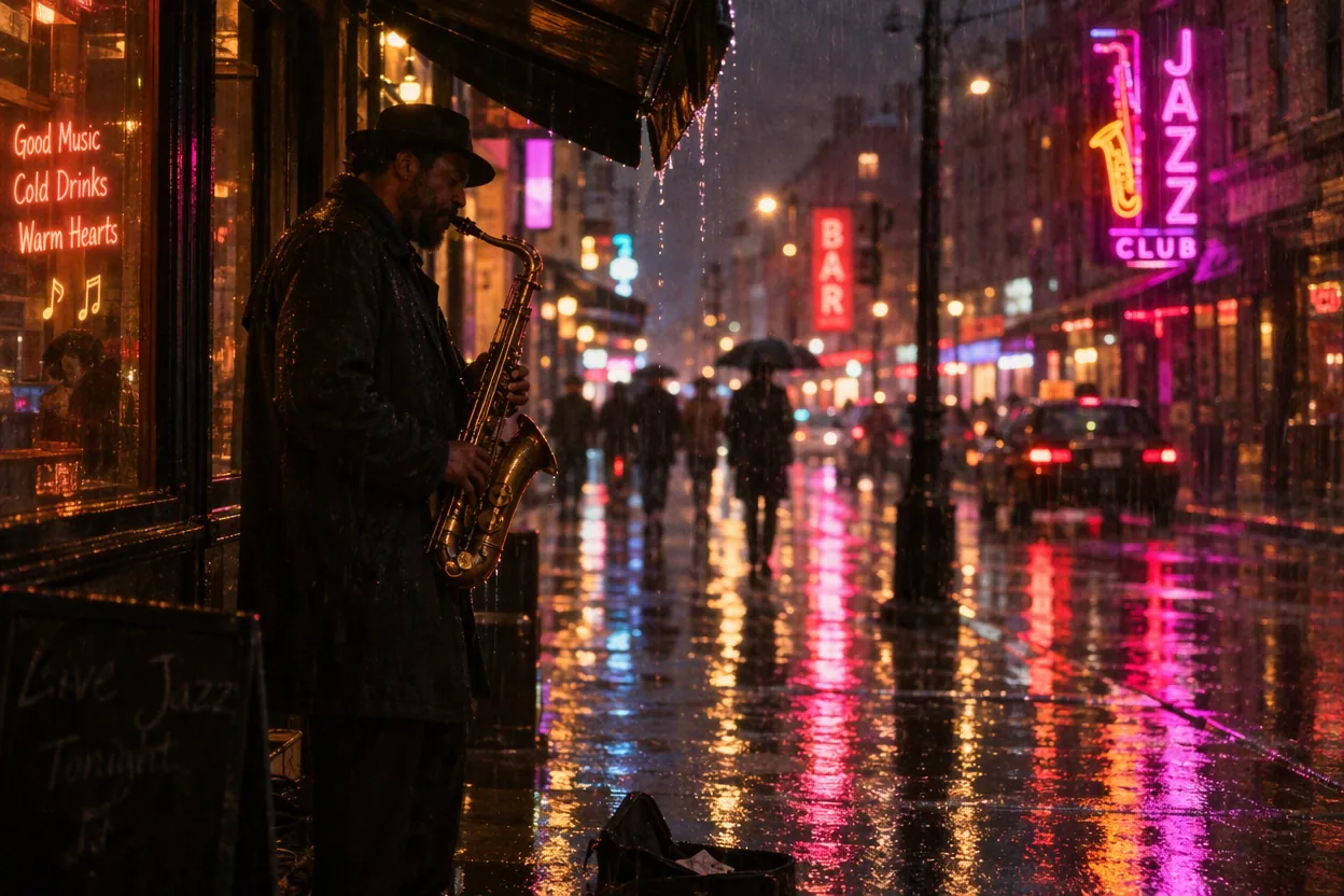 Street musician playing saxophone on a rainy neon-lit street at night