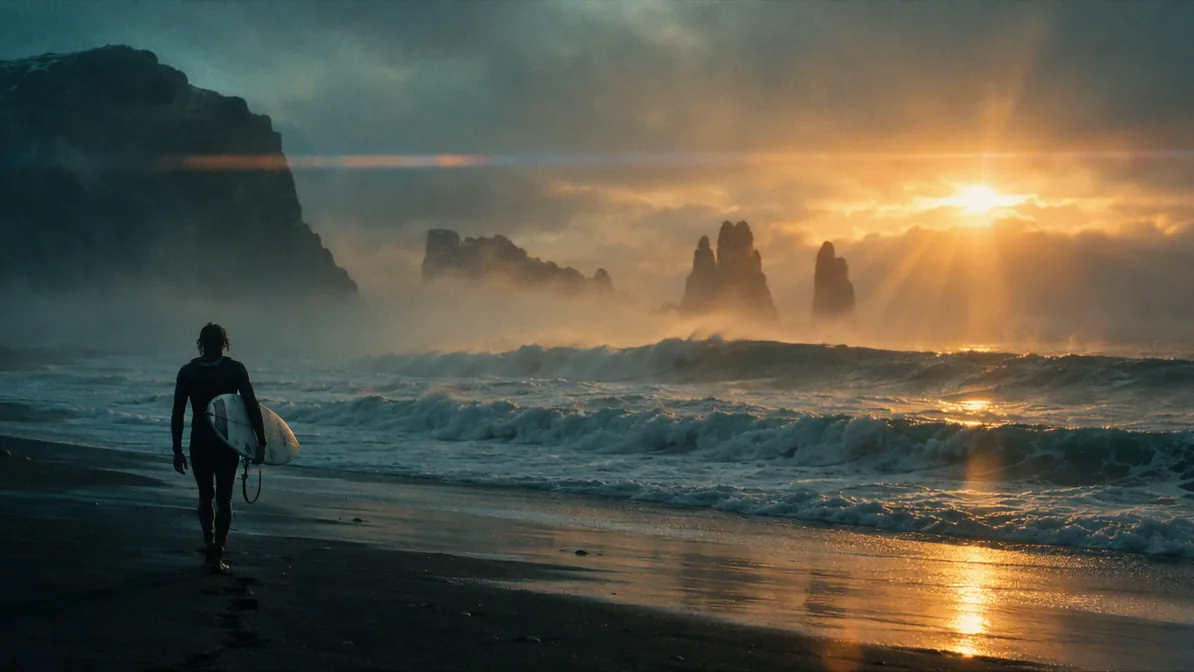 Illustrative cinematic still of a surfer walking along a misty black-sand beach at dawn