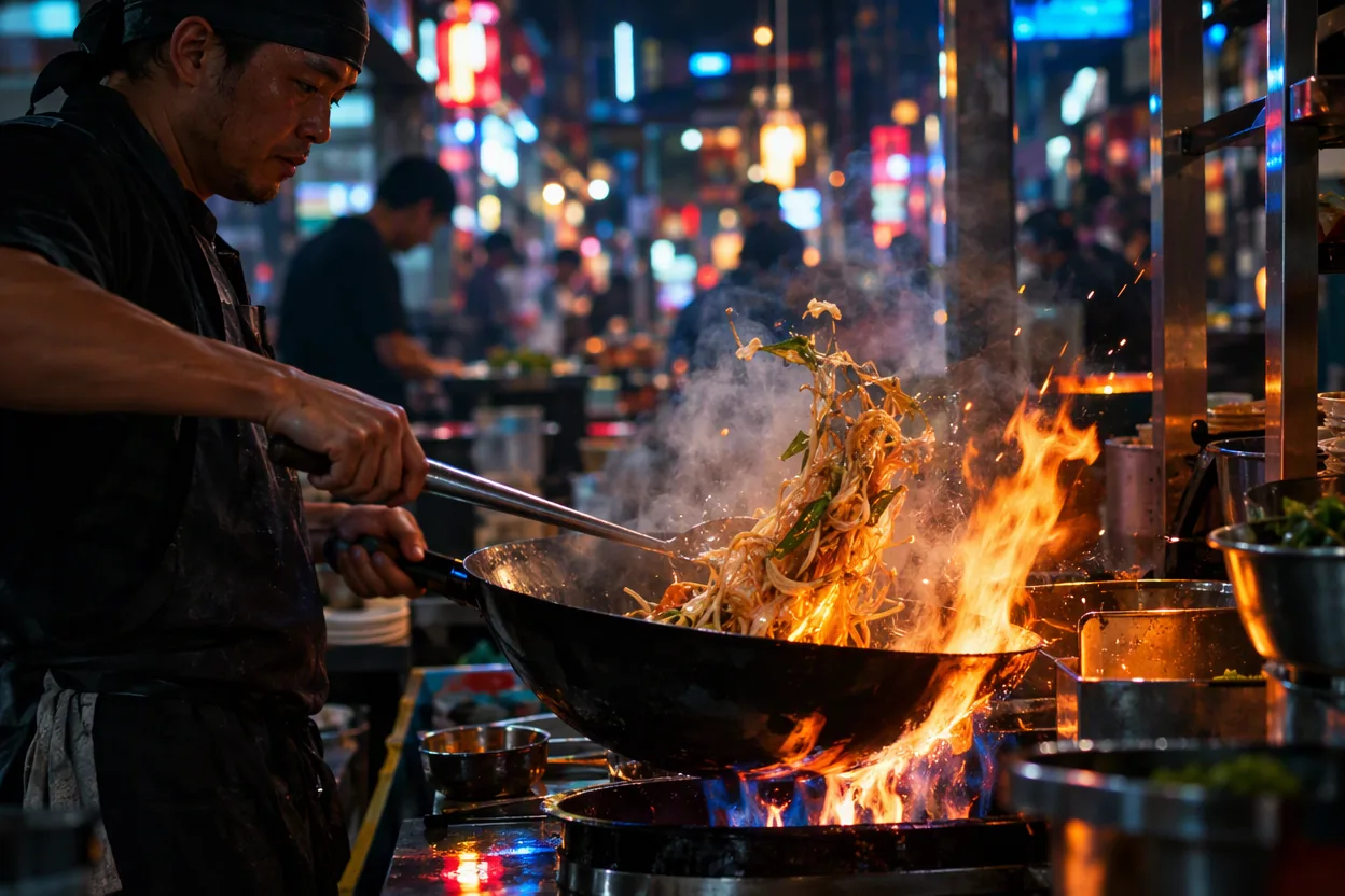 Illustrative still of a cook tossing noodles in a flaming wok at a night street-food stall