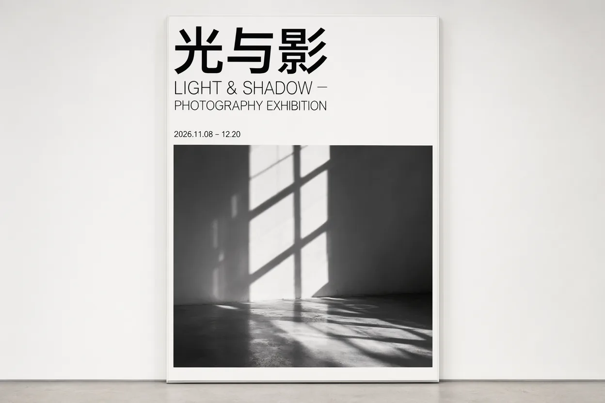 Bilingual exhibition poster reading 光与影 Light & Shadow, generated with Qwen-Image 2.1