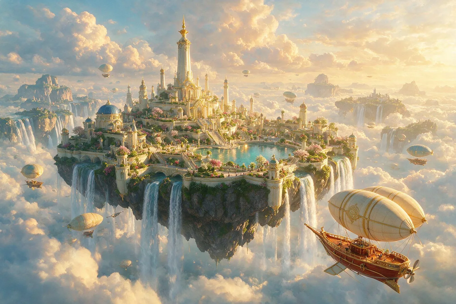 Floating island city with waterfalls and airships at golden hour, generated with Seedream 5.0 Pro