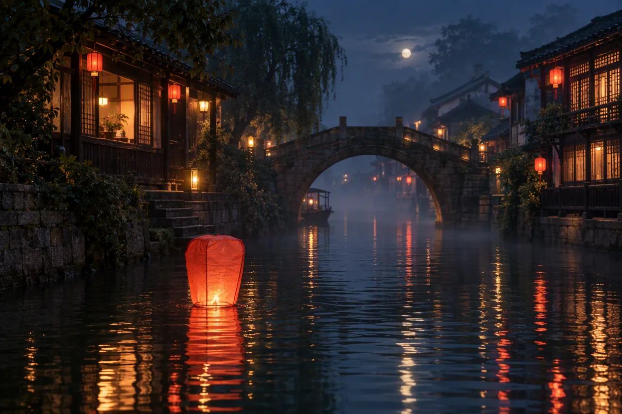 Red paper lantern drifting over a quiet canal town at night