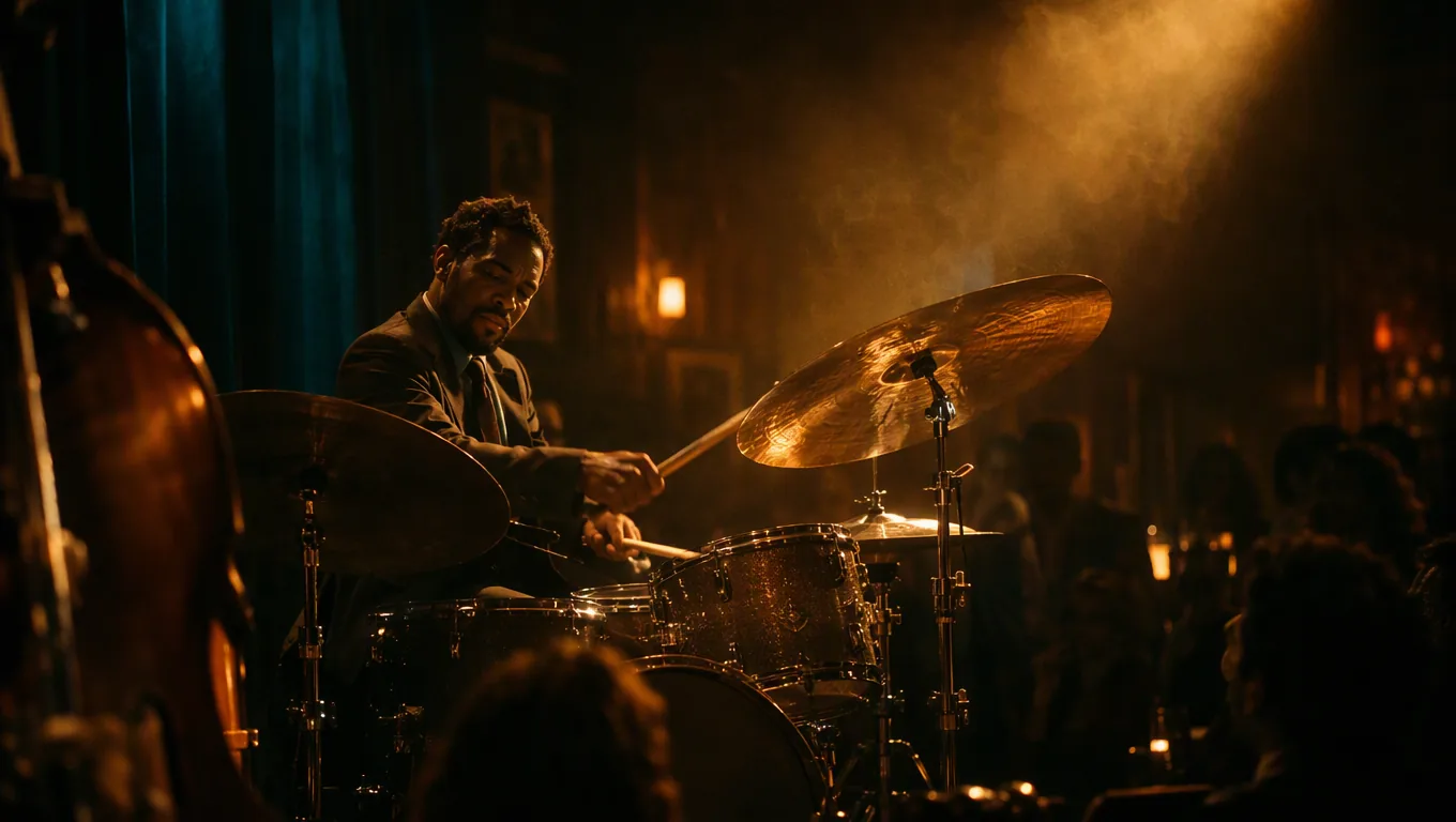 Illustrative cinematic still of a drummer on a smoky jazz club stage