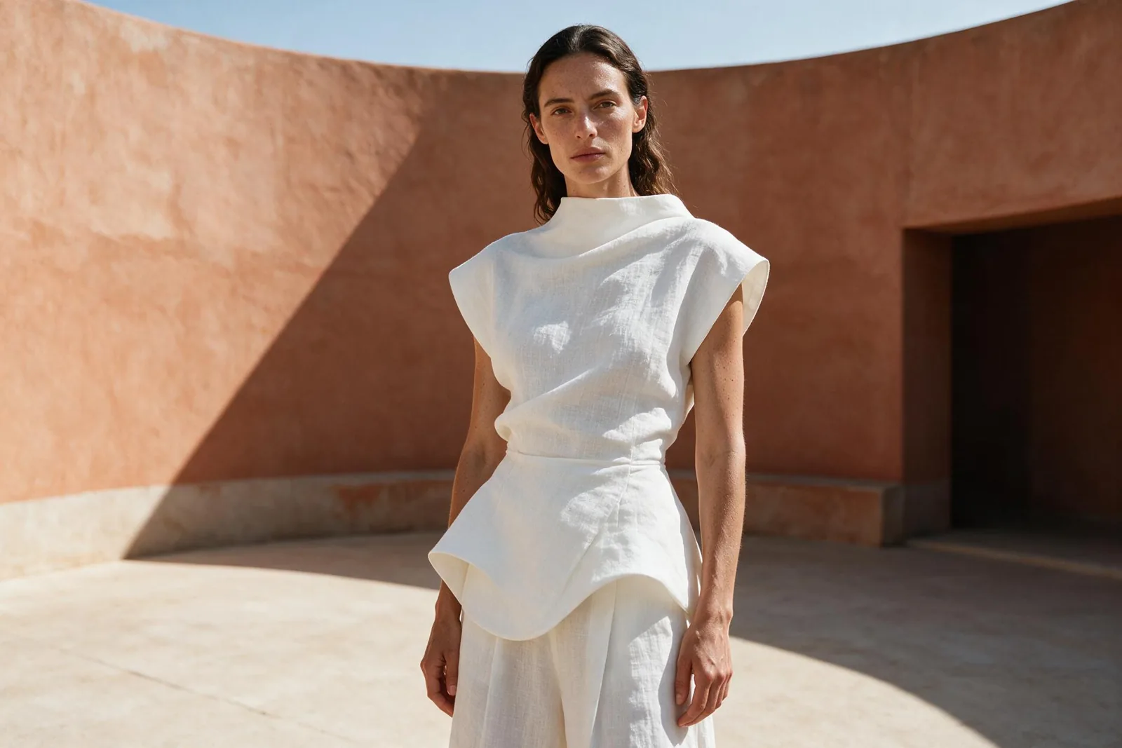 Woman in a sculptural white linen outfit in a terracotta courtyard, generated with Seedream 5.0 Pro
