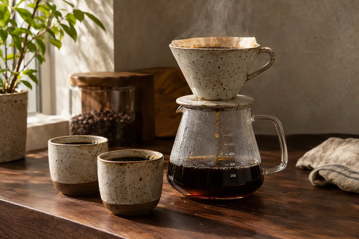 Speckled ceramic pour-over coffee set on a walnut counter, generated with GPT Image 2.5