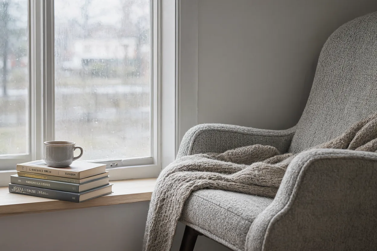 Scandinavian reading nook with an armchair by a rainy window, generated with Qwen-Image 2.1