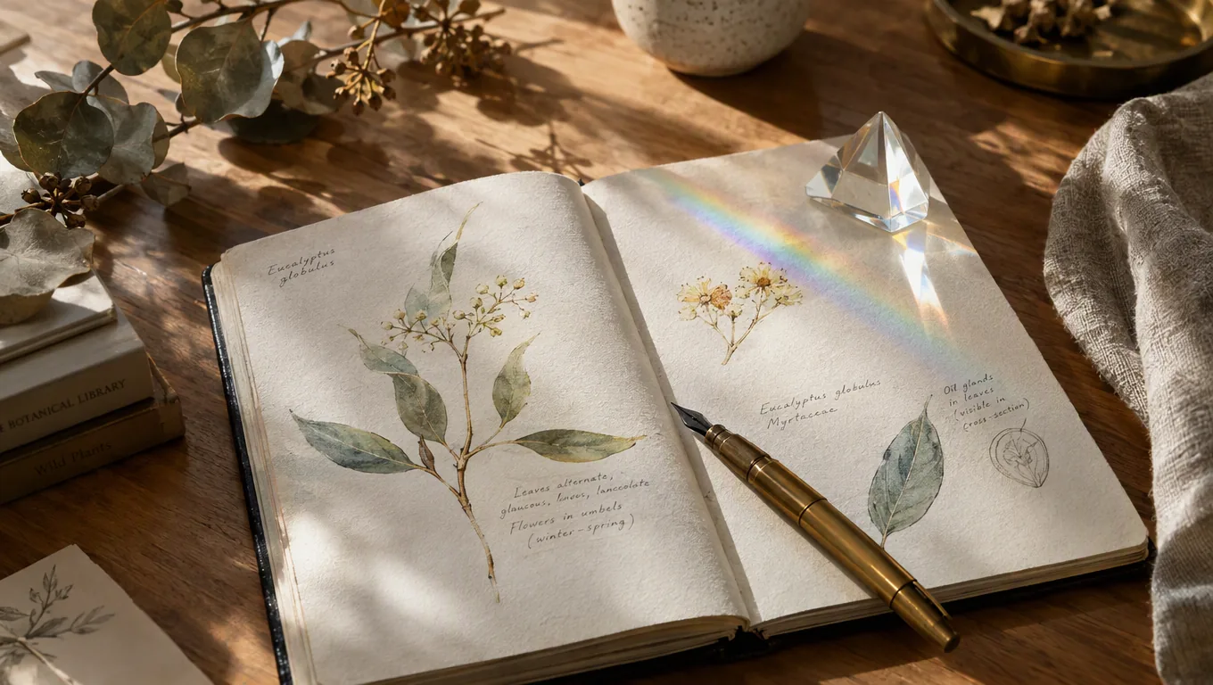 Watercolor botanical sketchbook with a brass fountain pen and prism light, generated with GPT Image 2.5