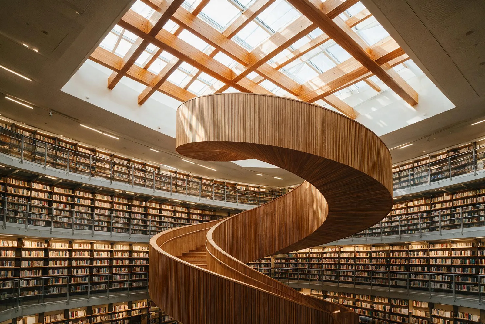 Modern library with a spiral wooden staircase under a skylight, generated with Seedream 5.0 Pro