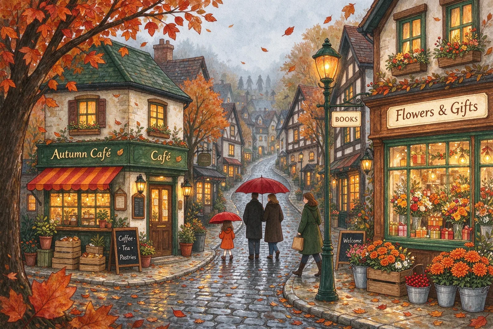 Illustrated autumn street with cafés, falling leaves and umbrellas, generated with Seedream 5.0 Flash