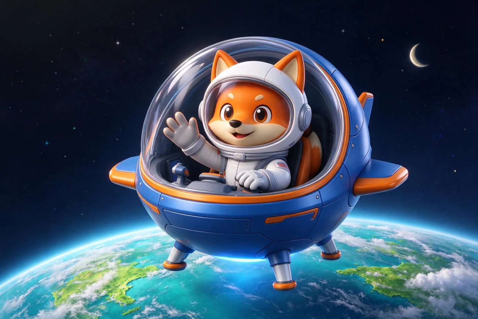 3D cartoon fox astronaut waving from a spaceship above Earth, generated with Seedream 5.0 Flash
