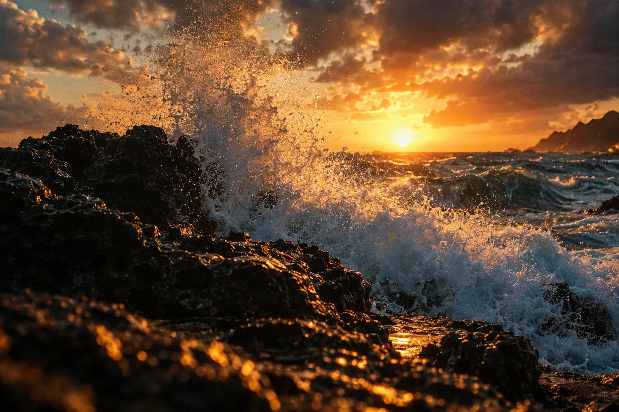 Illustrative still of ocean waves crashing on black volcanic rocks at sunset