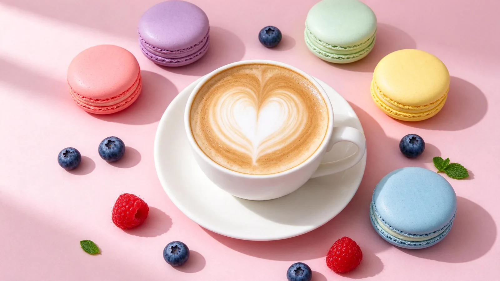 Pastel macarons and a latte with heart latte art, generated with Seedream 5.0 Flash