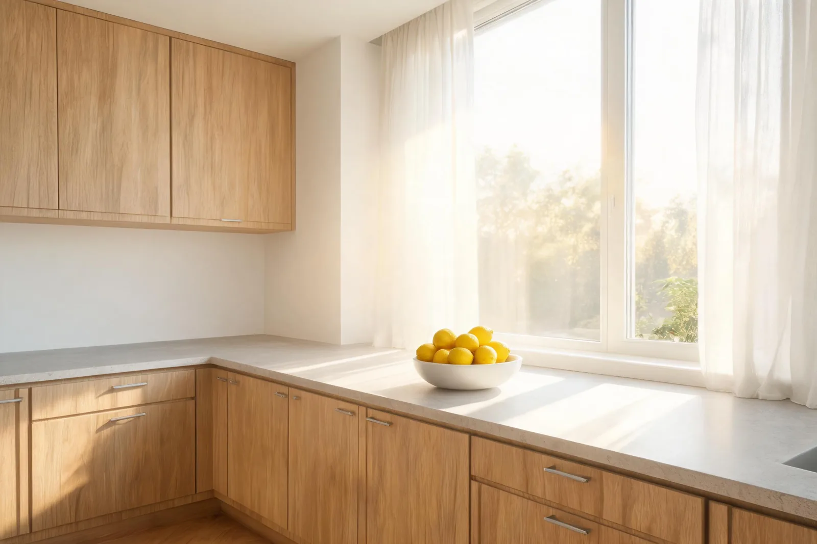 Scandinavian kitchen with oak cabinets and a bowl of lemons, generated with Seedream 5.0 Lite
