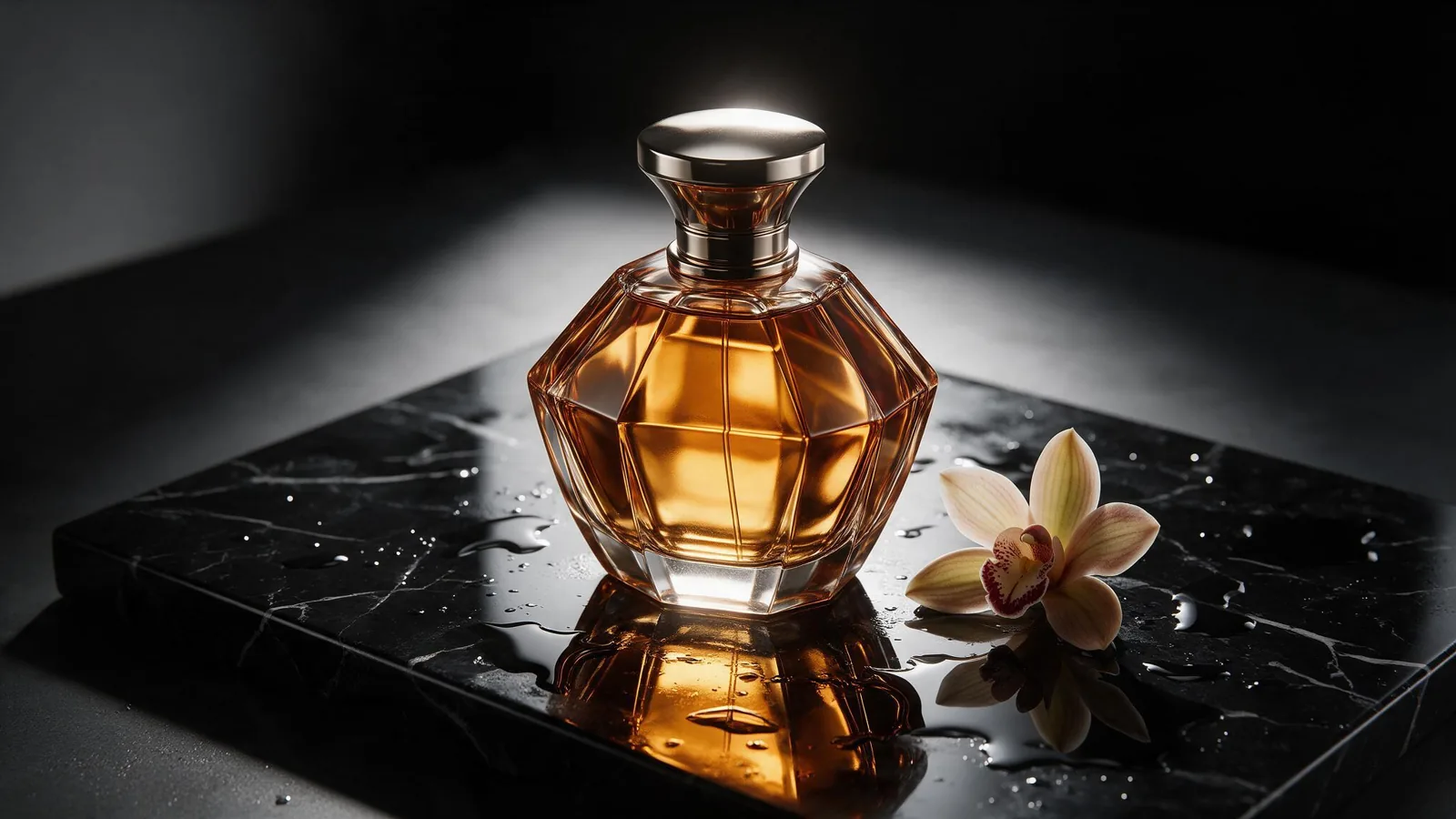 Amber glass perfume bottle on wet black marble, generated with Seedream 5.0 Pro