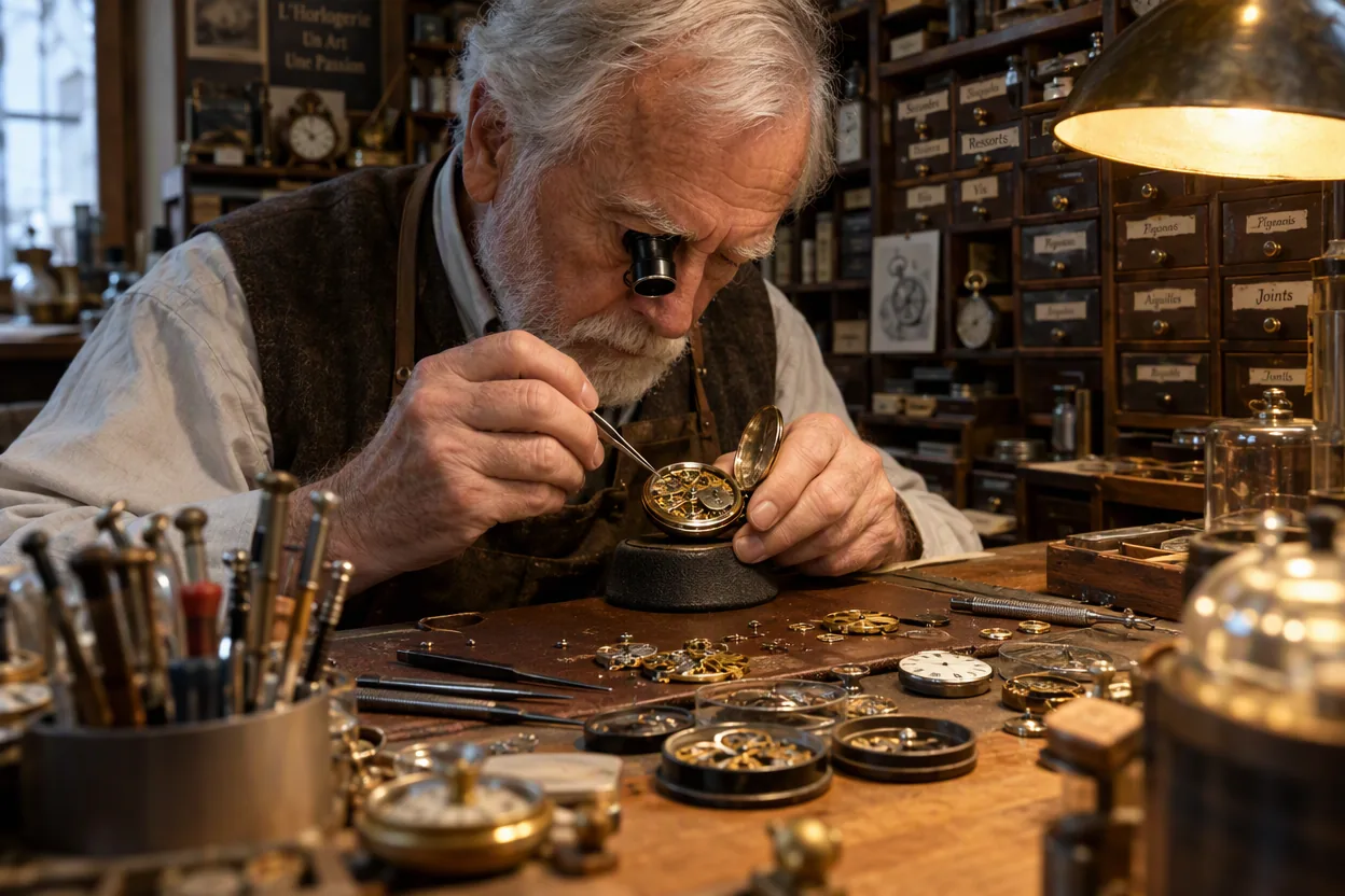 Elderly clockmaker repairing a pocket watch at his workbench, generated with GPT Image 2.5
