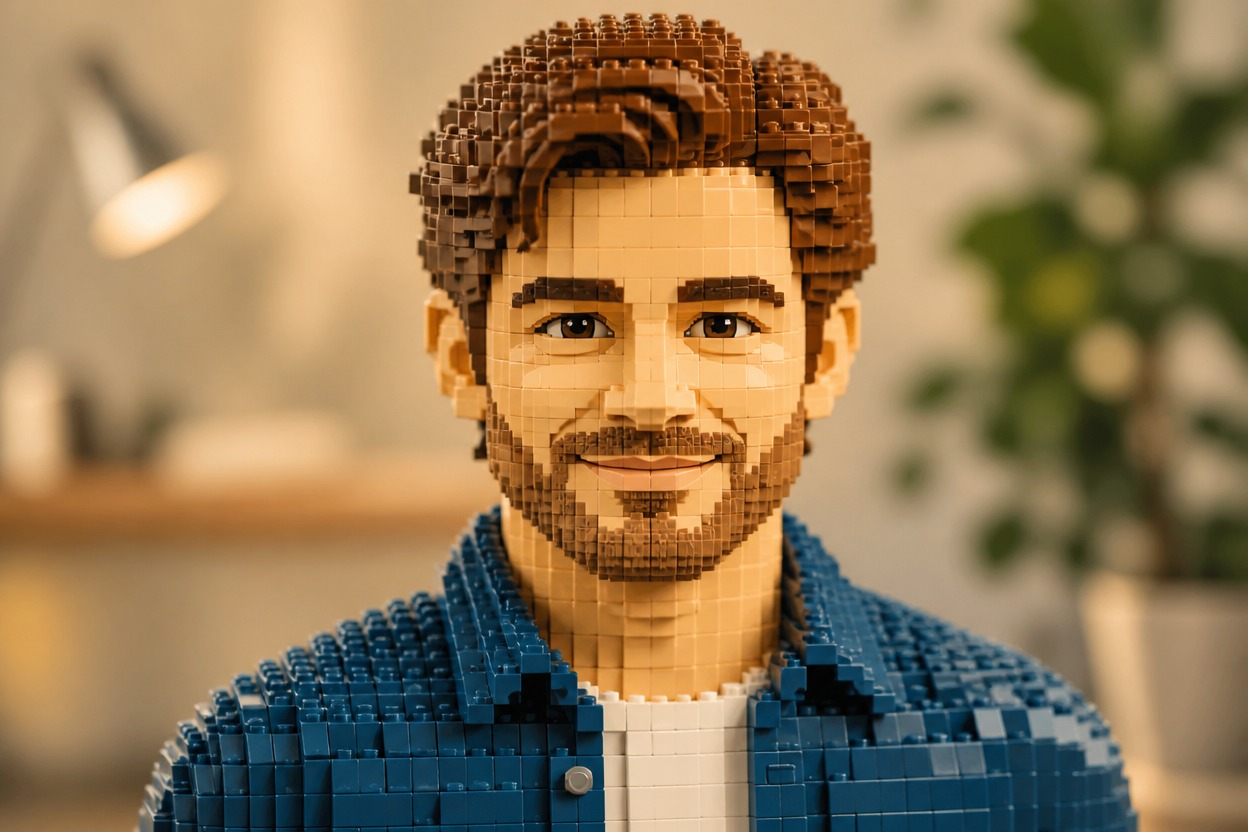 Original adult figure and studio reimagined with interlocking brick geometry