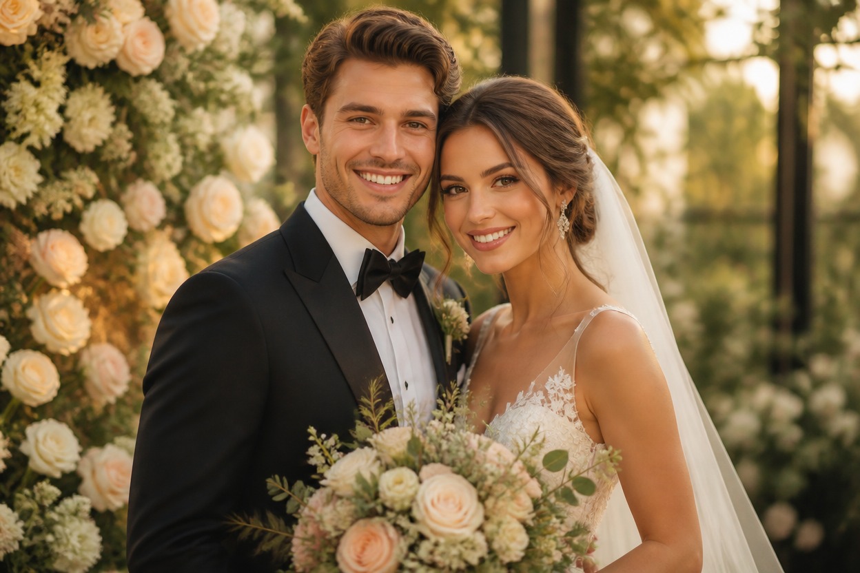 Couple in coordinated wedding attire with refined florals and warm editorial lighting