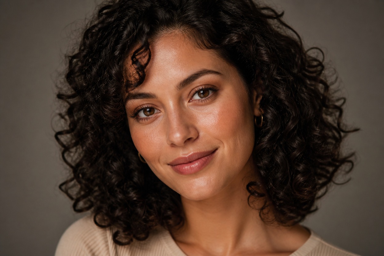 Close studio portrait of an adult with curly black hair and natural skin detail against a gray backdrop.
