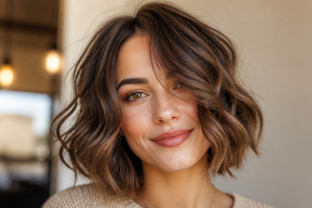 Portrait showing loose waves shaped into a chin-length bob