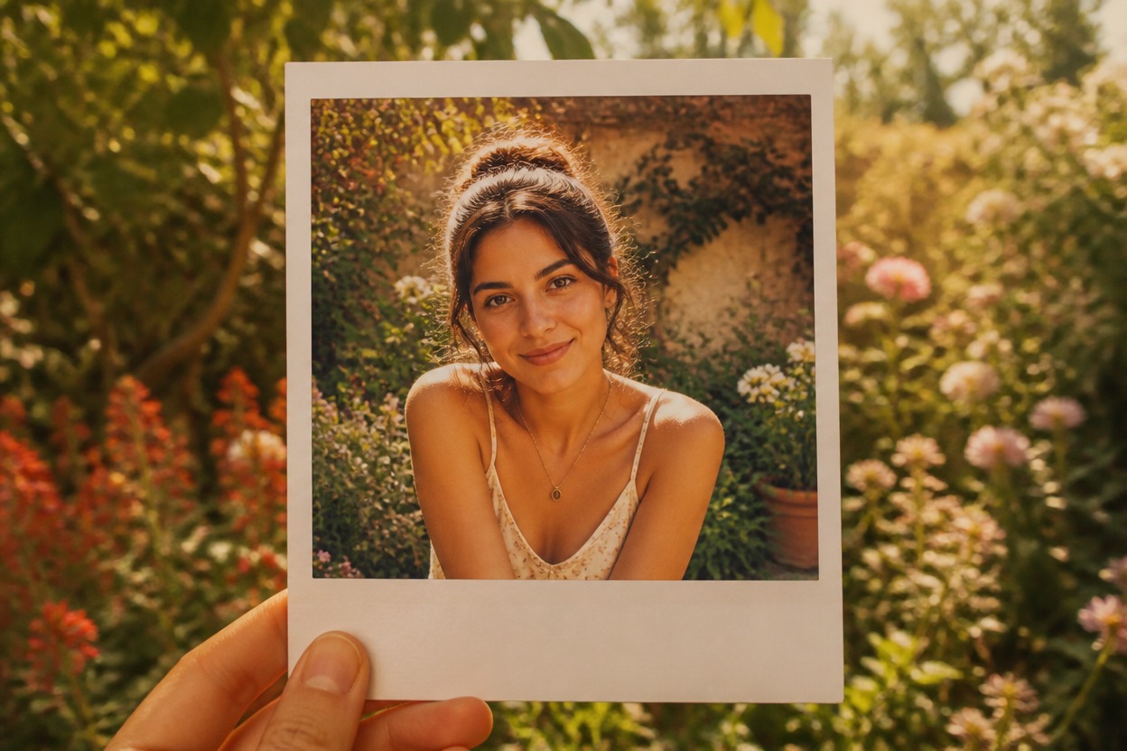 Source-aware garden portrait preserving the subject, pose, framing, and setting