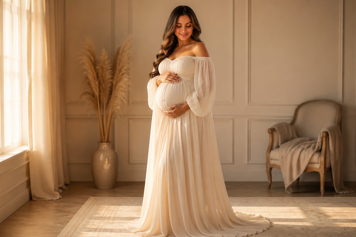 Full-length adult maternity portrait with natural posture and detail