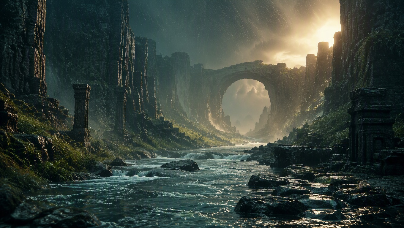 Rain and moving water flowing through a cinematic ancient valley