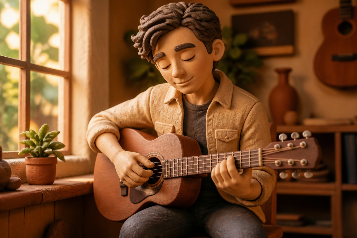 Clay musician seated by a window in coordinated color and light