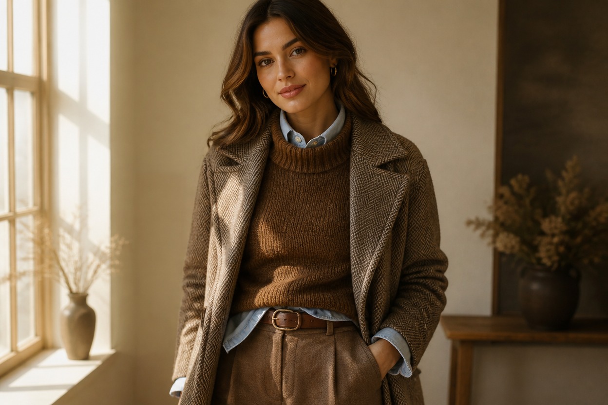 Adult fashion portrait in opaque layered clothing with natural lighting and proportions