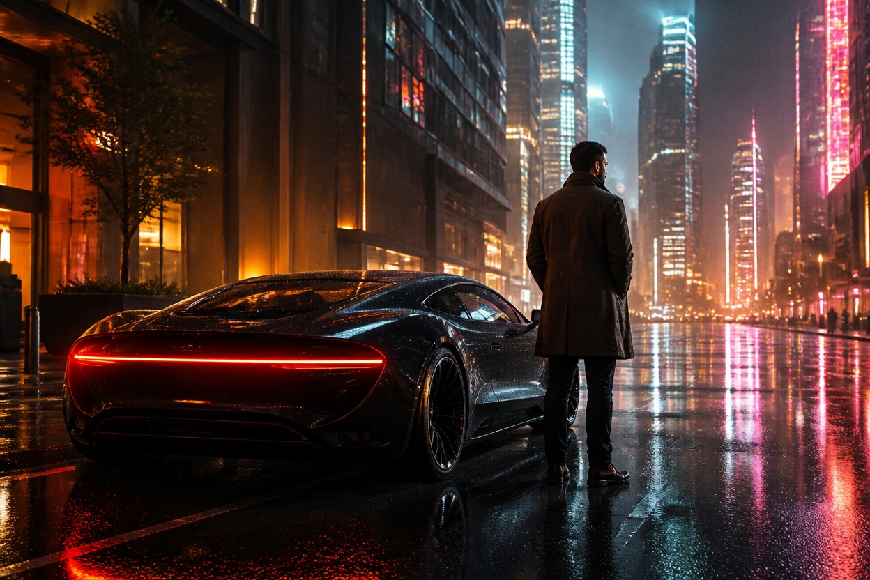 Adult figure beside an unbranded car on a rain-lit futuristic city street.