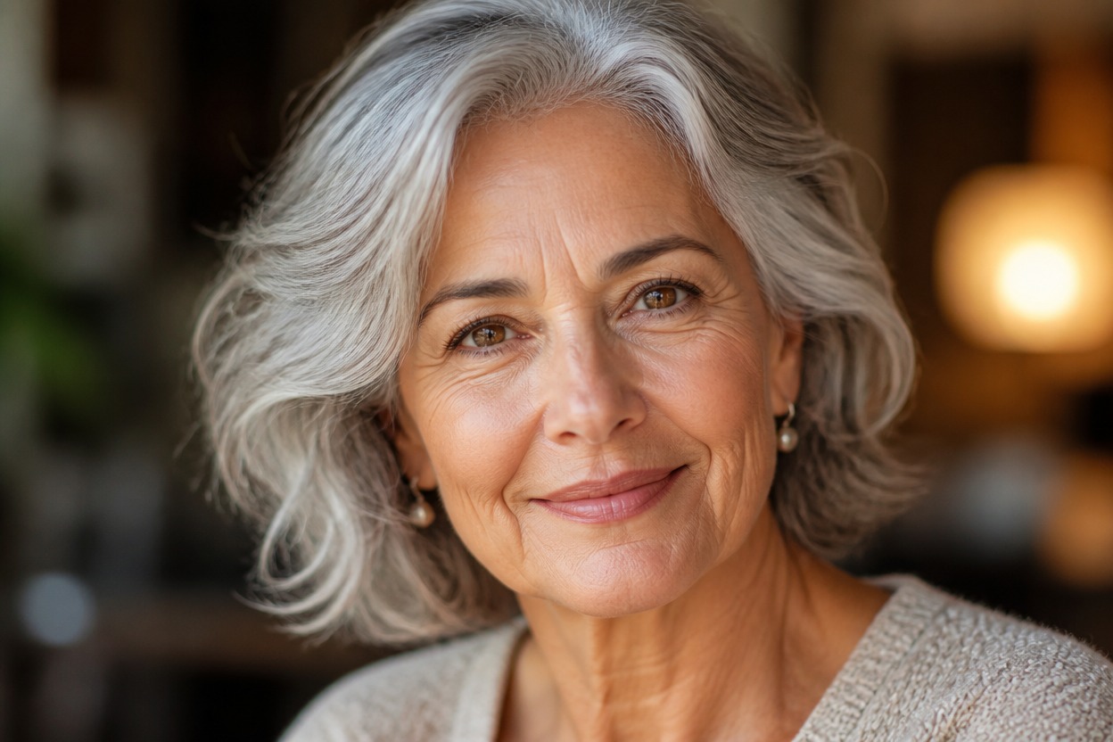 Close portrait showing natural age-related facial details and silver hair