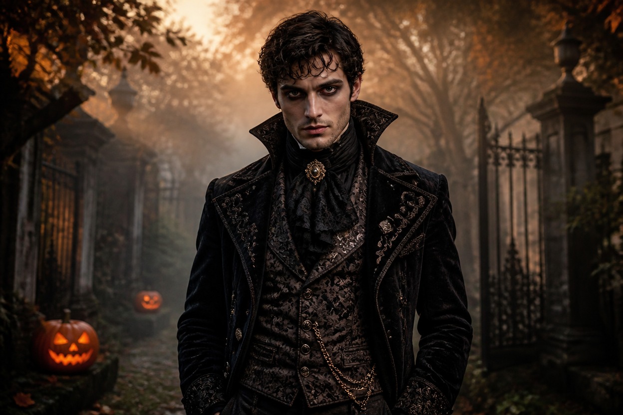 Man in ornate black Victorian attire and smoky eye makeup in a misty autumn garden