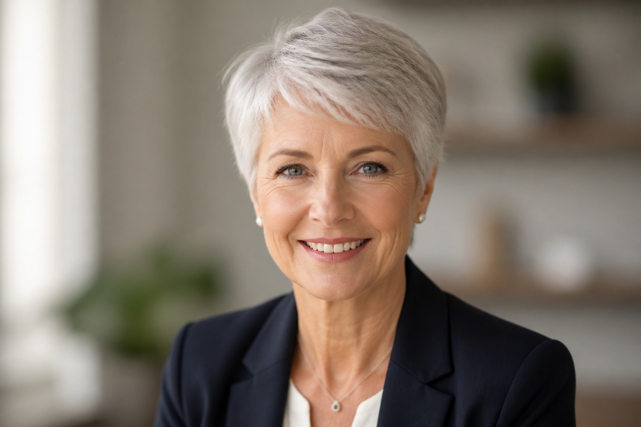 Older professional with short silver hair in a cool daylight portrait