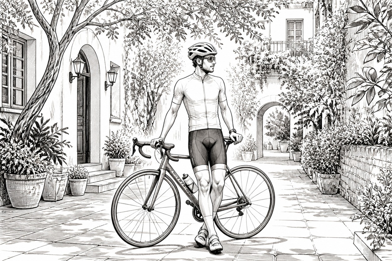 Cyclist standing with a road bicycle in a leafy courtyard rendered as a line drawing