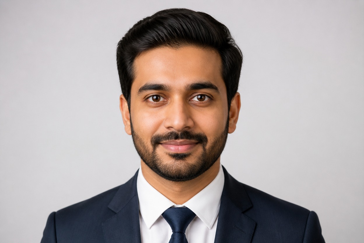 Centered head-and-shoulders portrait with clean formal framing