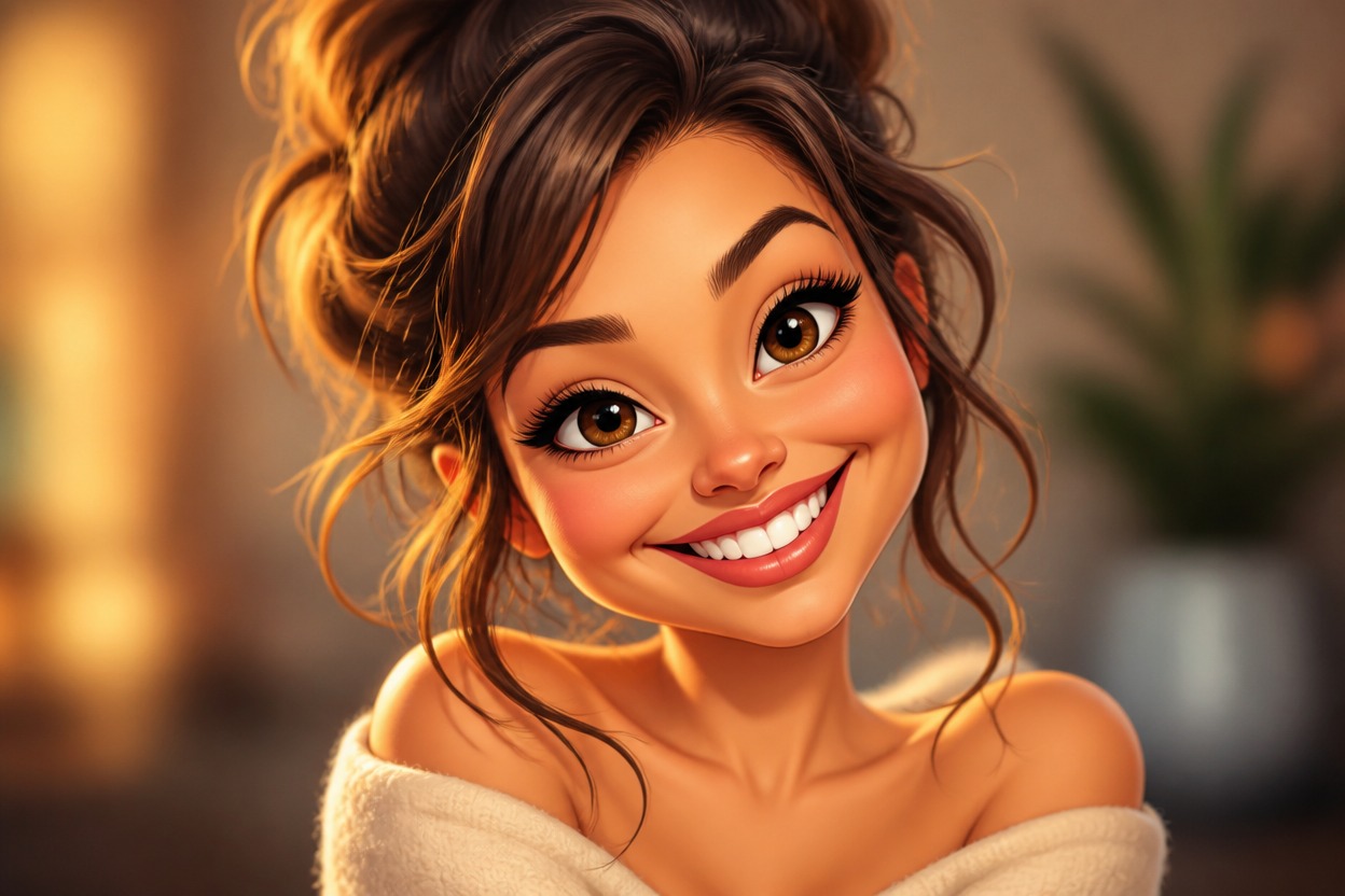 Smiling illustrated woman with exaggerated facial features