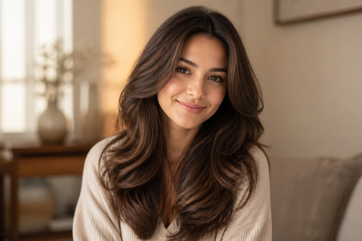Long layered hair fitted naturally to a three-quarter portrait