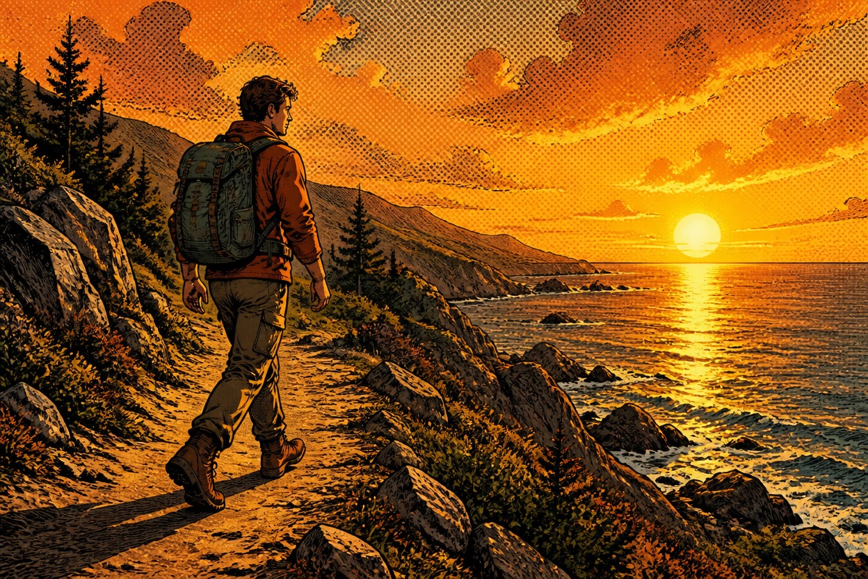 Comic-style hiker walking a rocky coastal trail at golden sunset.
