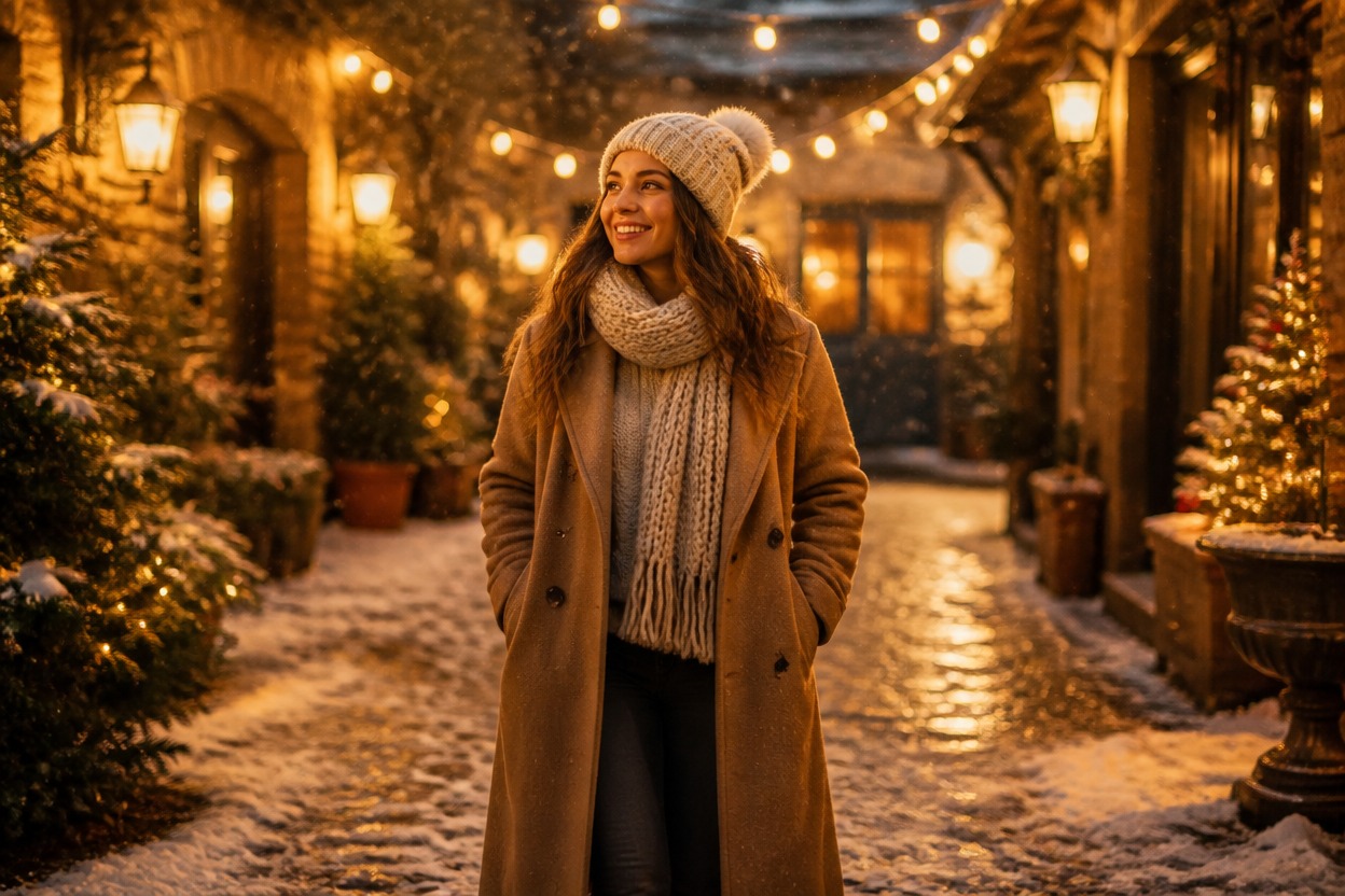 Adult walking through a warmly lit snowy Christmas courtyard