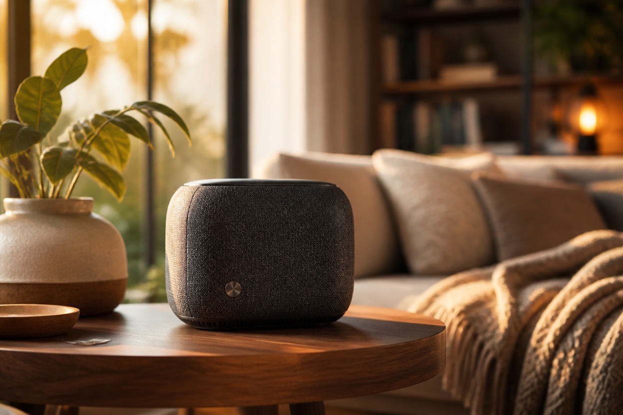 Compact fabric speaker centered in a warm modern living room