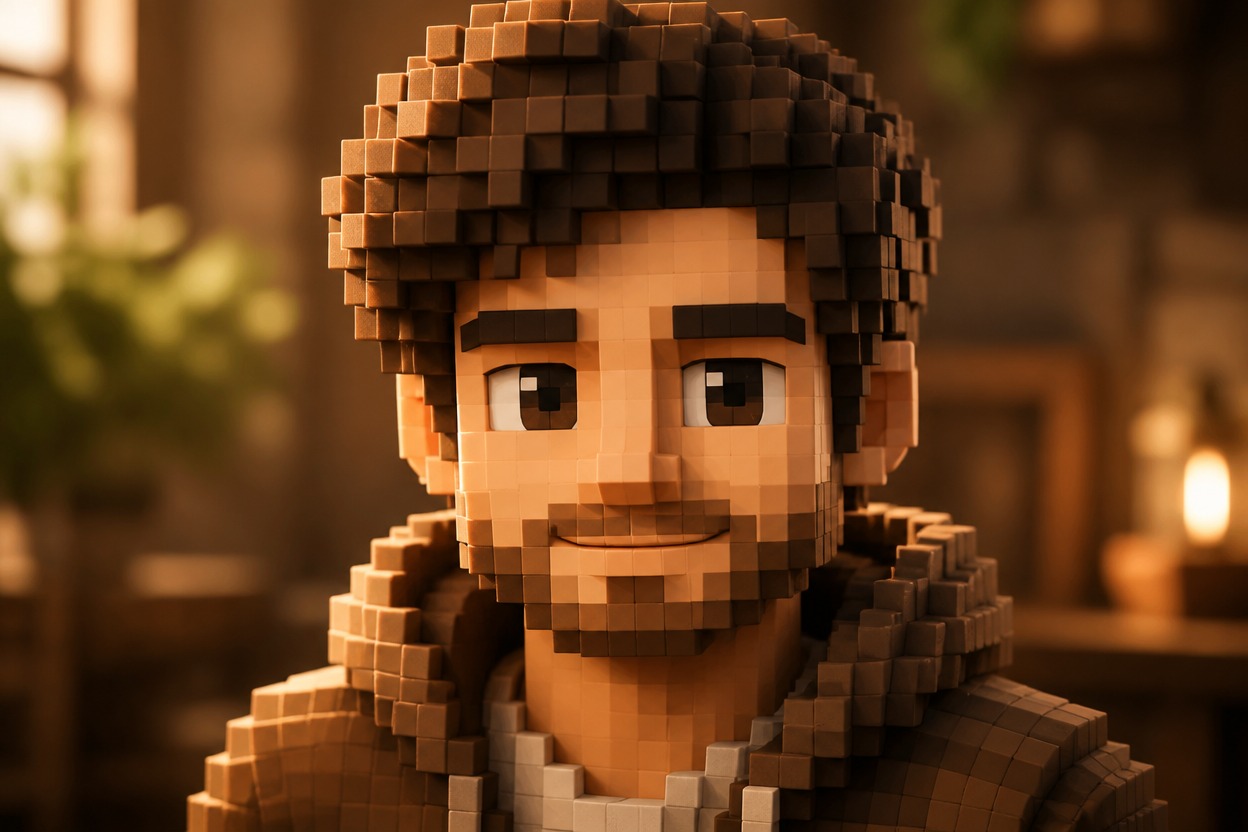 Close view of an original cubic character with recognizable personal details