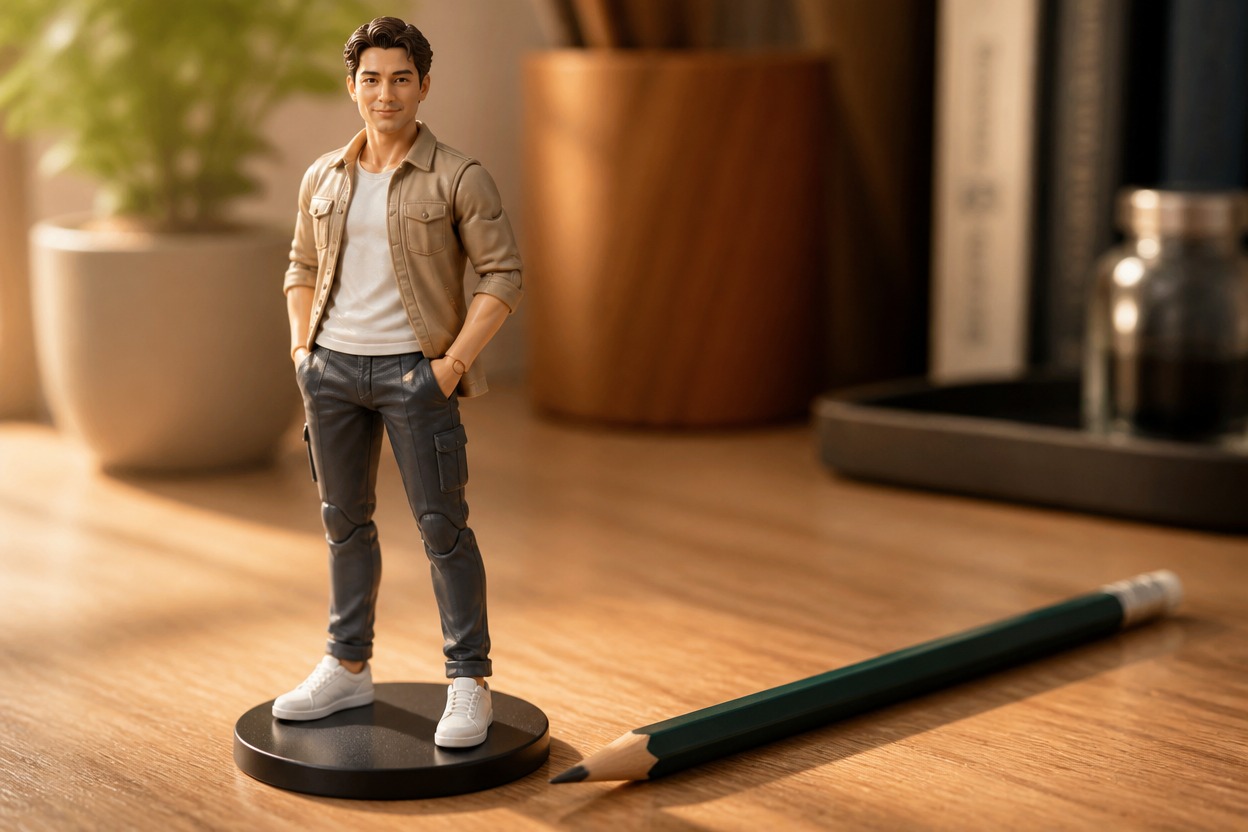 Articulated miniature figure posed on a tabletop stand beside a pencil.