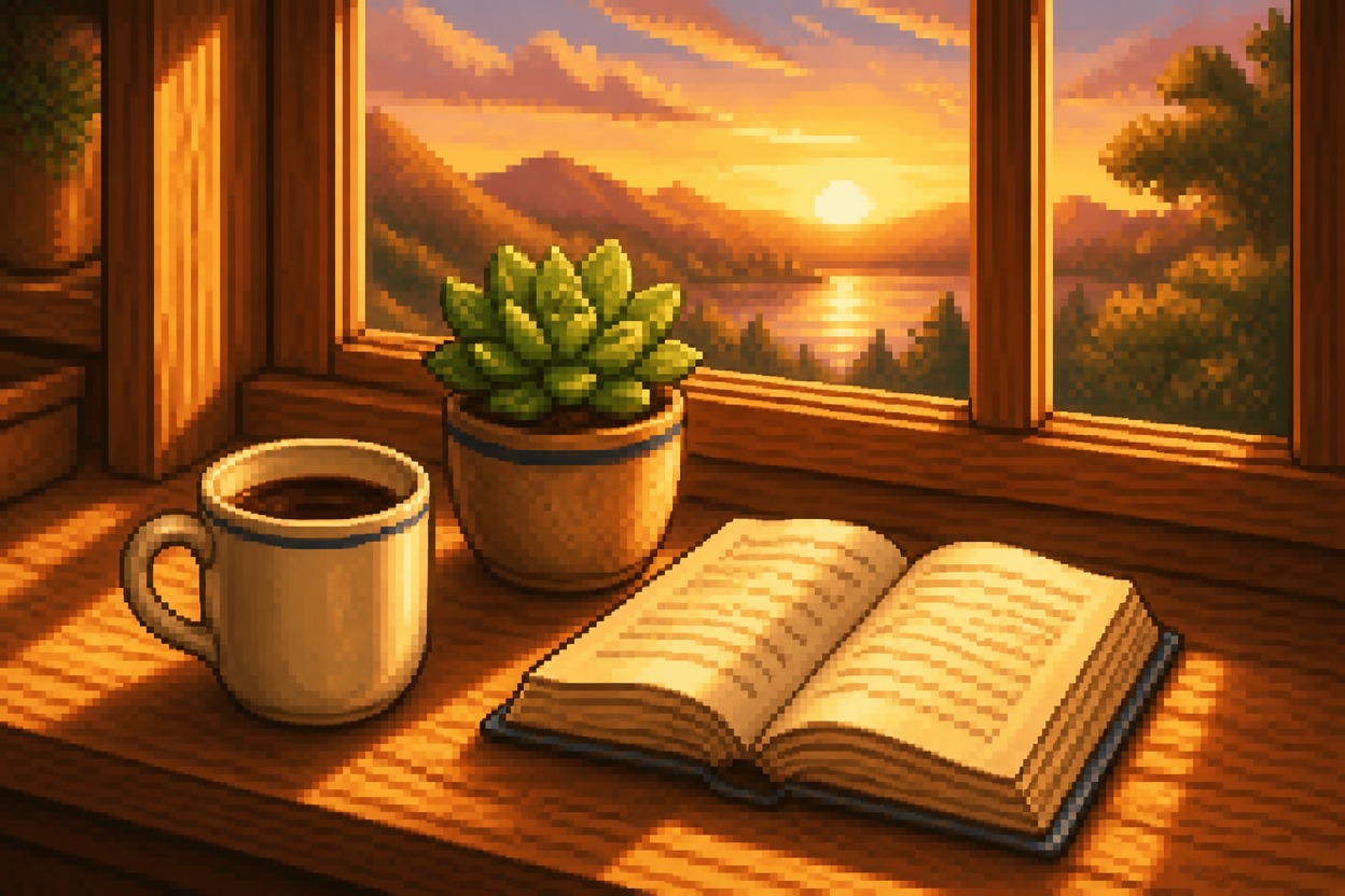 Pixel art still life with warm light and detailed objects