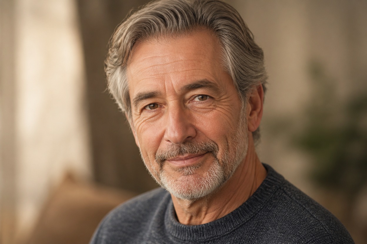 Three-quarter portrait with face-aware older-age features