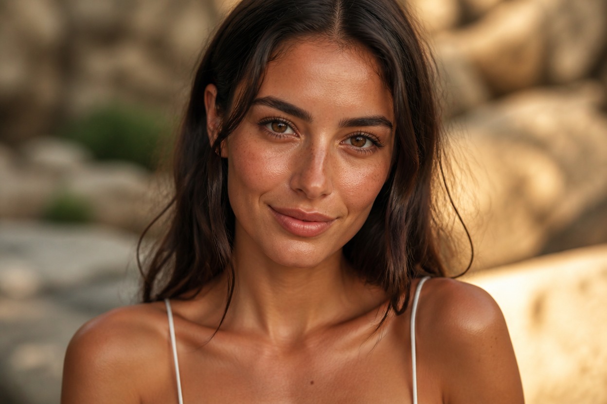 Close-up portrait with natural sun-kissed warmth and visible skin texture